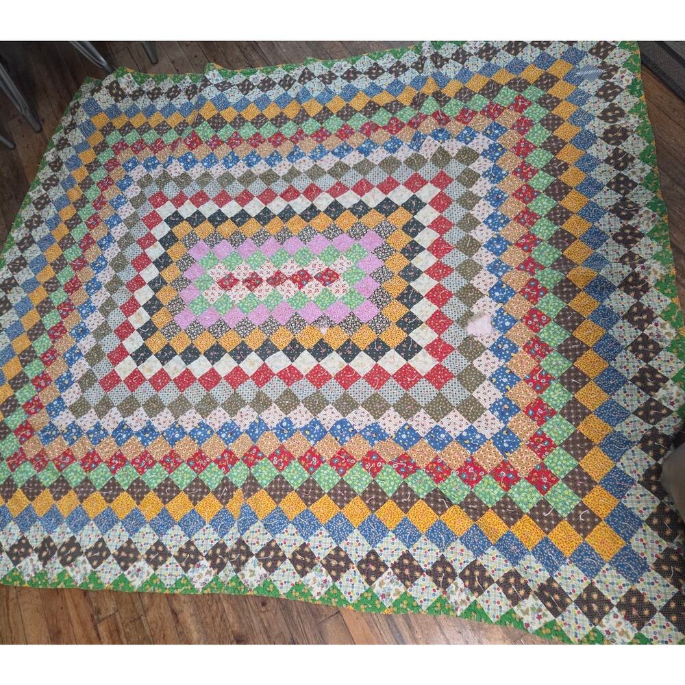 Vtg Trip Around the World Quilt Hand Sewn 78x68 Pastel Postage Stamp Flour Sack